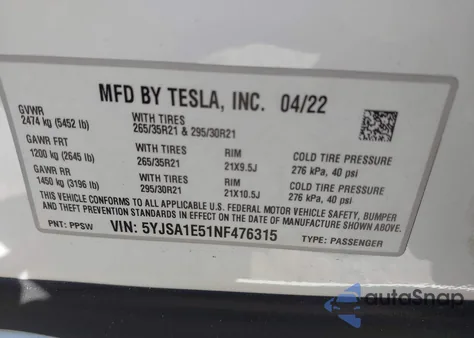 2022 Tesla Model S Dual Motor All-Wheel Drive z USA, uszkodzony, nr VIN 5YJSA1E51NF476315